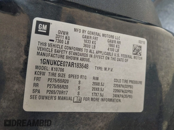 2010 Chevrolet Tahoe LTZ with VIN 1GNUKCE07AR183648, listed as a IAAI auction lot 42284280 with 225,412 mi miles and . Bid and sale history available at DreamBid. Image 9.