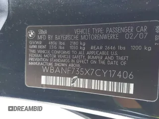 2007 BMW 5 Series 530xi with VIN WBANF735X7CY17406, listed as a IAAI auction lot 41592517 with 139,728 mi miles and . Bid and sale history available at carsss.com. Image 9.