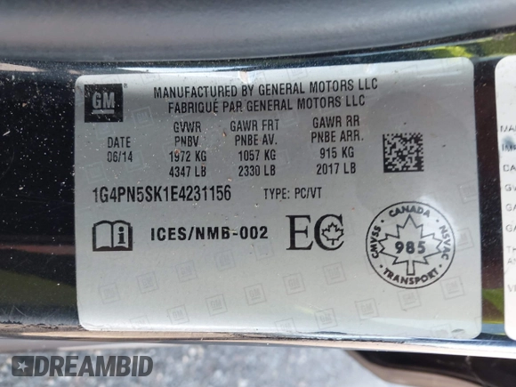 2014 Buick Verano with VIN 1G4PN5SK1E4231156, listed as a IAAI auction lot 42679489 with 173,414 mi miles and . Bid and sale history available at DreamBid. Image 9.