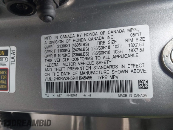 2017 Honda CR-V EX with VIN 2HKRW2H59HH645455, listed as a IAAI auction lot 41951485 with 144,392 mi miles. Bid and sale history available at carsss.com. Image 9.