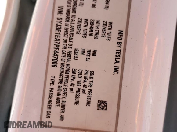 2023 Tesla Model 3 с VIN 5YJ3E1EA7PF447006, выставлен на аукционе Copart как лот 62788355 с пробегом 134 951 миль миль и Чистый • Clean title. История ставок и продаж доступна на DreamBid. Изображение 12.