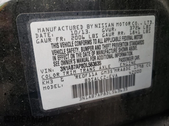 2013 Nissan Sentra SR z VIN 3N1AB7AP8DL563635, wystawiony jako Copart lot #57611405 z przebiegiem 243 717 mil mil oraz Czysty tytuł • Clean title. Historia ofert i sprzedaży dostępna na DreamBid. Obrazek 12.
