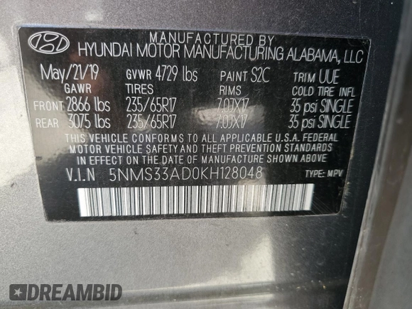 2019 Hyundai Santa Fe SEL with VIN 5NMS33AD0KH128048, listed as a Copart auction lot 52003755 with 103,013 mi miles and Salvage Title. Bid and sale history available at carsss.com. Image 13.