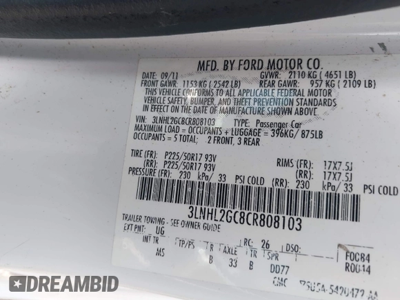 2012 Lincoln MKZ with VIN 3LNHL2GC8CR808103, listed as a IAAI auction lot 42506096 with 129,690 mi miles and . Bid and sale history available at DreamBid. Image 9.