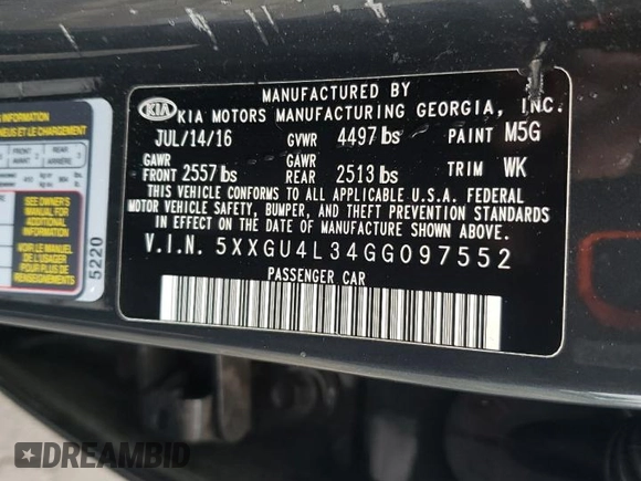 2016 Kia Optima EX with VIN 5XXGU4L34GG097552, listed as a Copart auction lot 60397645 with 78,467 mi miles and Salvage title. Bid and sale history available at DreamBid. Image 13.