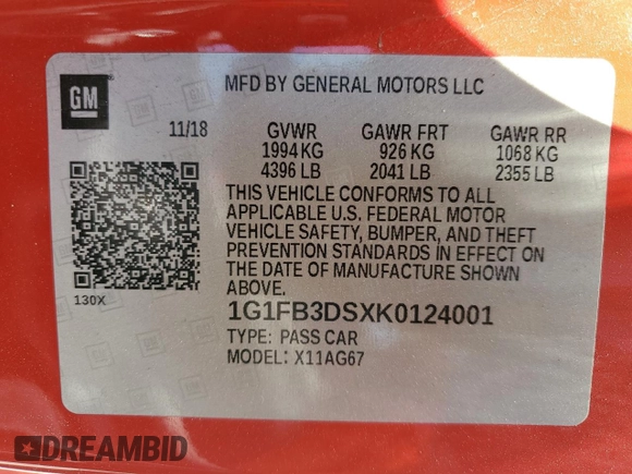 2019 Chevrolet Camaro 1LT with VIN 1G1FB3DSXK0124001, listed as a Copart auction lot 57628755 with 147,397 mi miles and Non repairable. Bid and sale history available at DreamBid. Image 13.