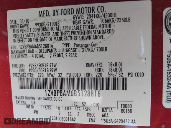 2011 Ford Mustang V6 with VIN 1ZVBP8AM6B5128816, listed as a IAAI auction lot 41763956 with 114,701 mi miles and . Bid and sale history available at carsss.com. Image 9.