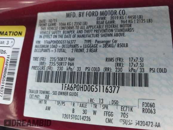 2016 Ford Fusion SE with VIN 1FA6P0HD0G5116377, listed as a IAAI auction lot 42582516 with 100,168 mi miles and . Bid and sale history available at DreamBid. Image 9.