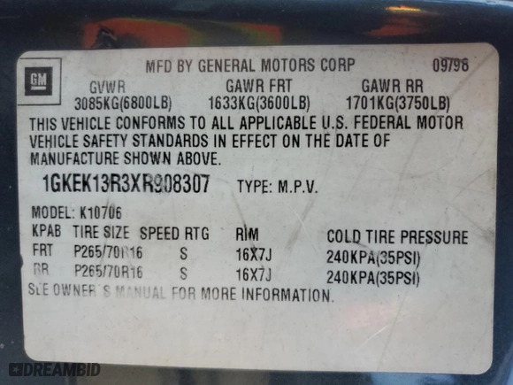 1999 GMC Denali with VIN 1GKEK13R3XR908307, listed as a Copart auction lot 78595094 with 138,098 mi miles and Salvage Title. Bid and sale history available at carsss.com. Image 13.