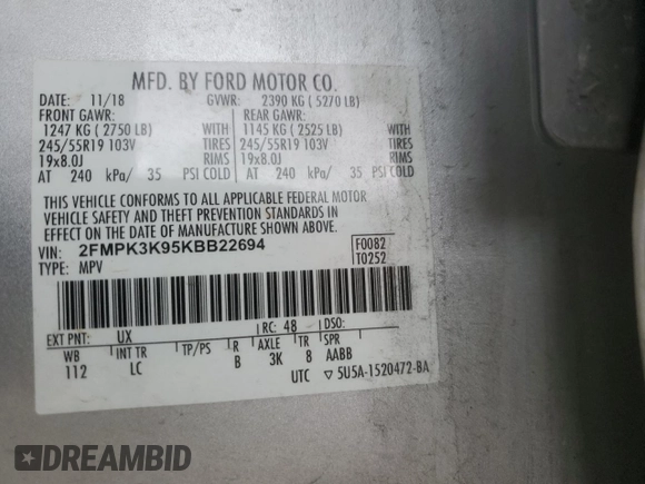 2019 Ford Edge Titanium с VIN 2FMPK3K95KBB22694, выставлен на аукционе Copart как лот 58660475 с пробегом 144 615 миль миль и Списание • Salvage title. История ставок и продаж доступна на DreamBid. Изображение 13.