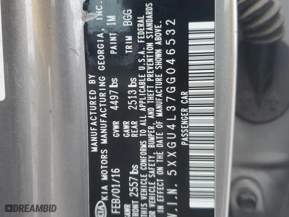 2016 Kia Optima EX with VIN 5XXGU4L37GG046532, listed as a Copart auction lot 42450555 with 156,368 mi miles and Salvage Title. Bid and sale history available at carsss.com. Image 14.