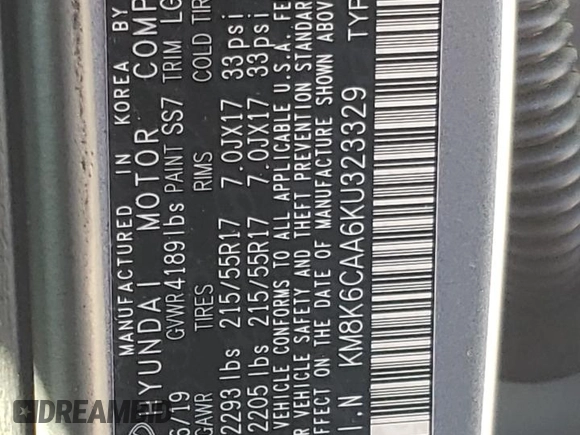 2019 Hyundai Kona SEL with VIN KM8K6CAA6KU323329, listed as a Copart auction lot 65151762 with 41,870 mi miles. Bid and sale history available at carsss.com. Image 10.