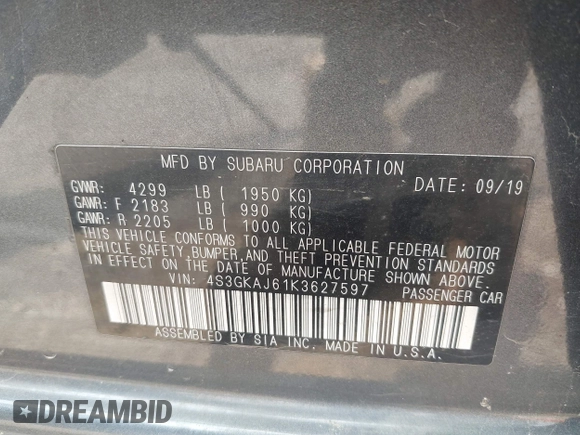 2019 Subaru Impreza Special Sports z VIN 4S3GKAJ61K3627597, wystawiony jako IAAI lot #42381210 z przebiegiem 65 575 mil mil oraz . Historia ofert i sprzedaży dostępna na DreamBid. Obrazek 9.