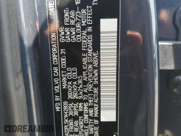 2019 Volvo XC90 Inscription with VIN YV4A22PL5K1442809, listed as a Copart auction lot 63368425 with 82,711 mi miles and Salvage title. Bid and sale history available at DreamBid. Image 12.