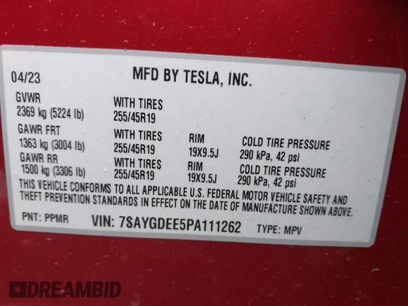 2023 Tesla Model Y Long Range with VIN 7SAYGDEE5PA111262, listed as a IAAI auction lot 42341148 with 19,014 mi miles and . Bid and sale history available at DreamBid. Image 9.