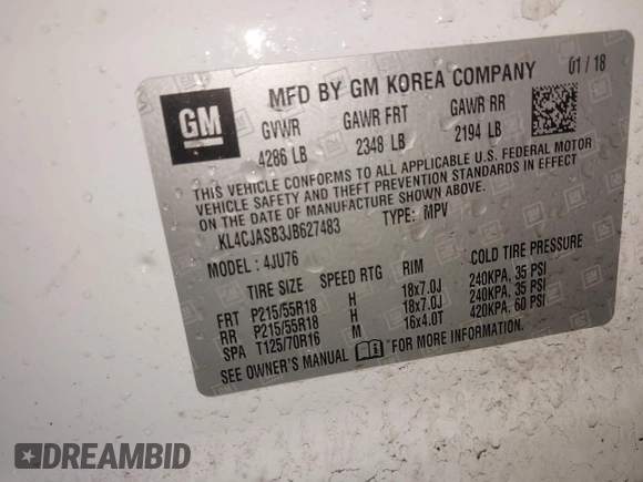 2018 Buick Encore Preferred with VIN KL4CJASB3JB627483, listed as a IAAI auction lot 41717800 with 40,283 mi miles and . Bid and sale history available at DreamBid. Image 9.