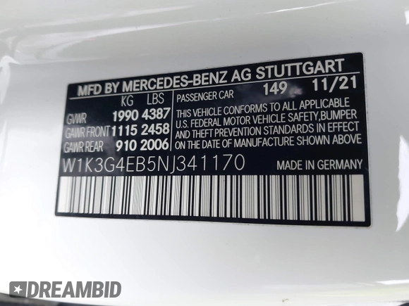 2022 Mercedes-Benz A 220 with VIN W1K3G4EB5NJ341170, listed as a IAAI auction lot 41598290 with 33,325 mi miles and . Bid and sale history available at DreamBid. Image 9.