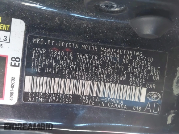 2010 Toyota Corolla with VIN 2T1BU4EE7AC335529, listed as a IAAI auction lot 41559616 with 134,189 mi miles. Bid and sale history available at carsss.com. Image 9.