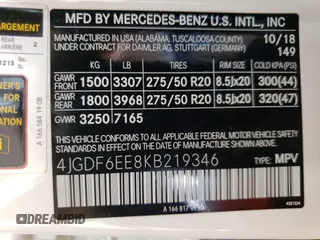 2019 Mercedes-Benz GLS 450 with VIN 4JGDF6EE8KB219346, listed as a Copart auction lot 54375644 with 64,271 mi miles and Salvage Title. Bid and sale history available at DreamBid. Image 14.