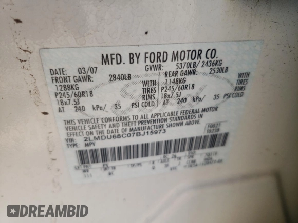 2007 Lincoln MKX with VIN 2LMDU68C07BJ15973, listed as a Copart auction lot 67206894 with 92,090 mi miles and Salvage Title. Bid and sale history available at carsss.com. Image 15.