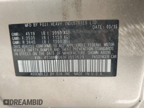 2015 Subaru Legacy Premium with VIN 4S3BNBD69F3053629, listed as a IAAI auction lot 42644348 with 91,693 mi miles and . Bid and sale history available at DreamBid. Image 9.