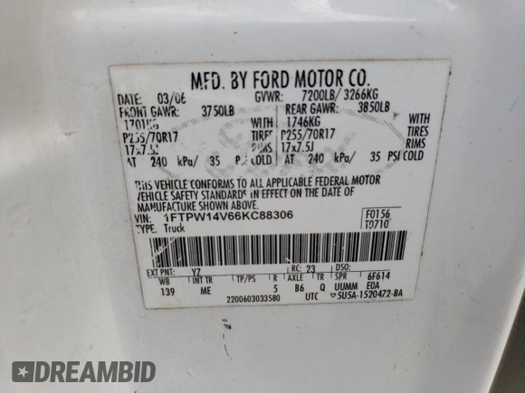 2006 Ford F-150 XLT с VIN 1FTPW14V66KC88306, выставлен на аукционе Copart как лот 62274035 с пробегом 263 629 миль миль и Списание • Salvage title. История ставок и продаж доступна на DreamBid. Изображение 12.