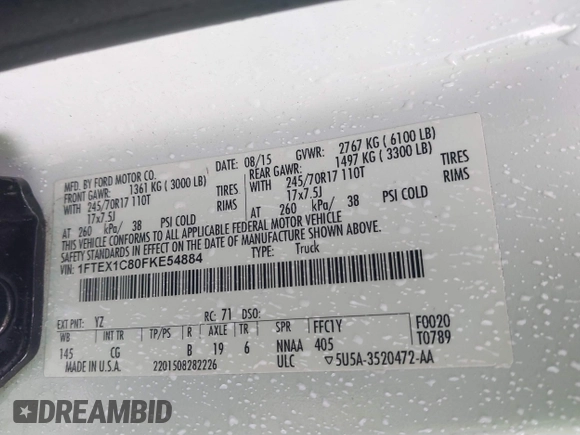 2015 Ford F-150 XL with VIN 1FTEX1C80FKE54884, listed as a IAAI auction lot 41739104 with 177,131 mi miles. Bid and sale history available at carsss.com. Image 9.