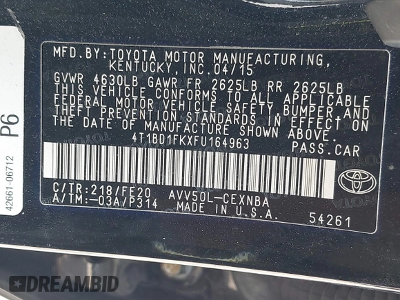2015 Toyota Camry LE with VIN 4T1BD1FKXFU164963, listed as a IAAI auction lot 42132724 with 141,089 mi miles and . Bid and sale history available at DreamBid. Image 9.