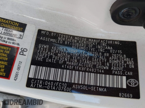 2015 Toyota Camry XLE with VIN 4T4BF1FK8FR482144, listed as a IAAI auction lot 42041282 with 191,272 mi miles and . Bid and sale history available at DreamBid. Image 9.