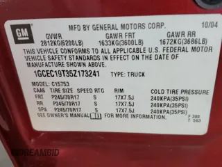 2005 Chevrolet Silverado 1500 LT z VIN 1GCEC19T35Z173241, wystawiony jako Copart lot #54778525 z przebiegiem 93 832 mil mil oraz Szkoda całkowita • Salvage title. Historia ofert i sprzedaży dostępna na DreamBid. Obrazek 12.