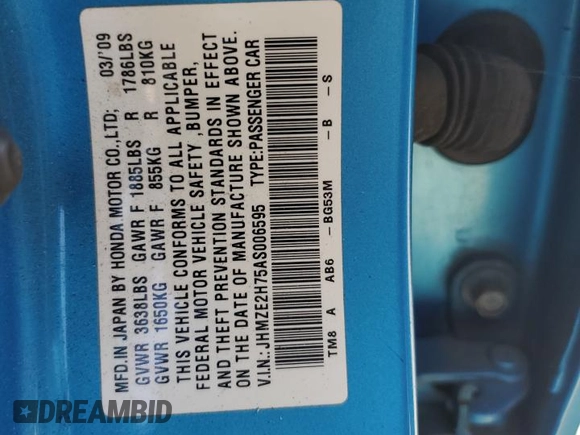 2010 Honda Insight EX with VIN JHMZE2H75AS006595, listed as a Copart auction lot 61078695 with 158,838 mi miles and Salvage title. Bid and sale history available at DreamBid. Image 14.
