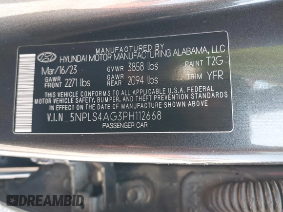 2023 Hyundai Elantra SEL with VIN 5NPLS4AG3PH112668, listed as a IAAI auction lot 42458013 with 30,217 mi miles and . Bid and sale history available at DreamBid. Image 9.