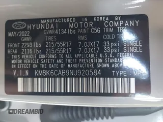 2022 Hyundai Kona SEL with VIN KM8K6CAB9NU920584, listed as a IAAI auction lot 42028170 with Not Provided miles and . Bid and sale history available at DreamBid. Image 9.