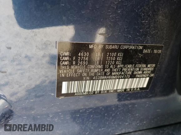 2021 Subaru Legacy Sport with VIN 4S3BWAH66M3004175, listed as a Copart auction lot 82287264 with 42,306 mi miles and Salvage Title. Bid and sale history available at carsss.com. Image 12.
