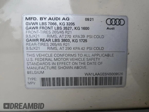 2022 Audi e-tron Premium Plus with VIN WA1LAAGE5NB009526, listed as a Copart auction lot 63073355 with 46,142 mi miles and Salvage title. Bid and sale history available at DreamBid. Image 13.