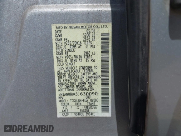 2005 Nissan Xterra S with VIN 5N1AN08UX5C630090, listed as a IAAI auction lot 41851878 with 121,202 mi miles. Bid and sale history available at carsss.com. Image 9.