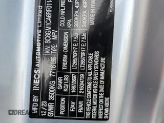 2024 Ineos Grenadier z VIN SC6GM1CA6RF011481, wystawiony jako Copart lot #87733015 z przebiegiem Nie podano mil oraz Szkody całkowita. Historia ofert i sprzedaży dostępna na DreamBid. Obrazek 15.
