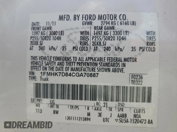 2012 Ford Explorer XLT z VIN 1FMHK7D84CGA70887, wystawiony jako Copart lot #55774075 z przebiegiem 198 628 mil mil oraz Czysty tytuł • Clean title. Historia ofert i sprzedaży dostępna na DreamBid. Obrazek 13.