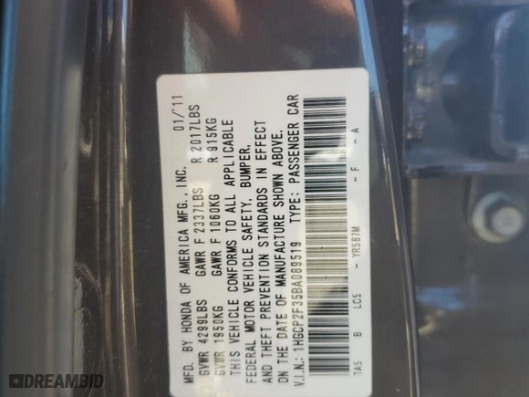 2011 Honda Accord Sdn LX with VIN 1HGCP2F35BA089519, listed as a Copart auction lot 50540645 with 0 mi miles and Salvage Title. Bid and sale history available at carsss.com. Image 13.