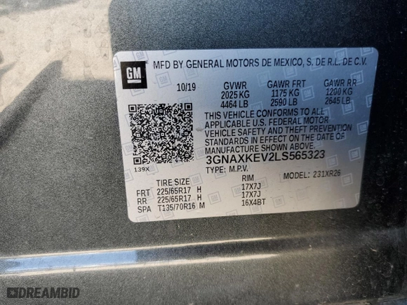 2020 Chevrolet Equinox LT with VIN 3GNAXKEV2LS565323, listed as a Copart auction lot 46899055 with 109,209 mi miles and Salvage Title. Bid and sale history available at carsss.com. Image 14.