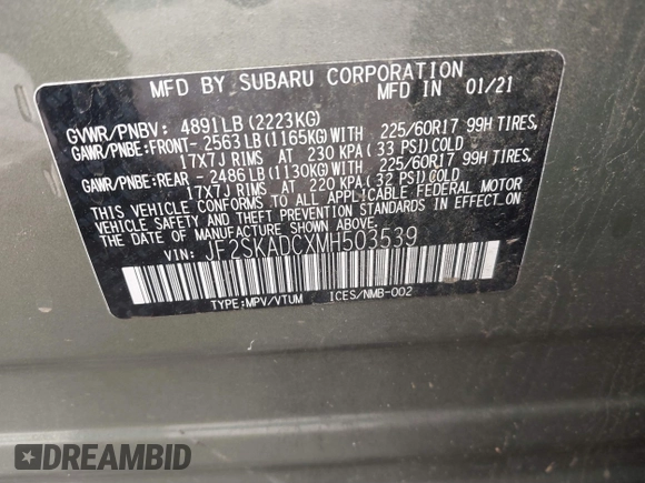 2021 Subaru Forester with VIN JF2SKADCXMH503539, listed as a IAAI auction lot 41725712 with 1 mi miles. Bid and sale history available at carsss.com. Image 9.