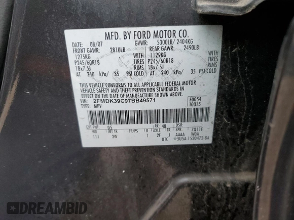 2007 Ford Edge SEL PLUS with VIN 2FMDK39C97BB49571, listed as a Copart auction lot 73205754 with 194,814 mi miles and Non Repairable. Bid and sale history available at carsss.com. Image 12.
