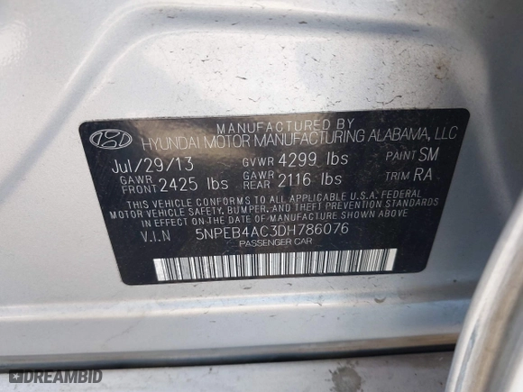 2013 Hyundai Sonata GLS with VIN 5NPEB4AC3DH786076, listed as a IAAI auction lot 41840894 with 173,169 mi miles. Bid and sale history available at carsss.com. Image 9.