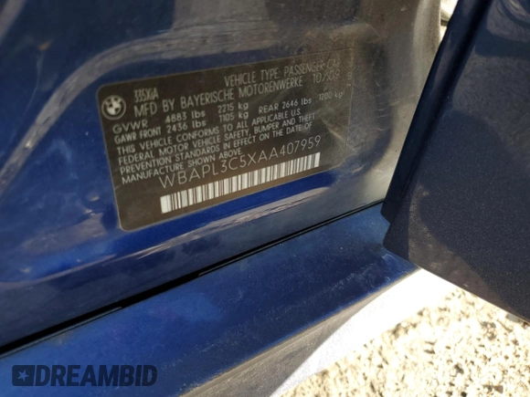 2010 BMW 3 Series 335i xDrive with VIN WBAPL3C5XAA407959, listed as a Copart auction lot 86538064 with 114,194 mi miles and Salvage title. Bid and sale history available at DreamBid. Image 14.