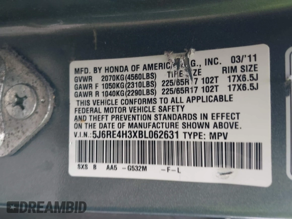 2011 Honda CR-V LX with VIN 5J6RE4H3XBL062631, listed as a IAAI auction lot 42196133 with 166,325 mi miles and . Bid and sale history available at DreamBid. Image 9.