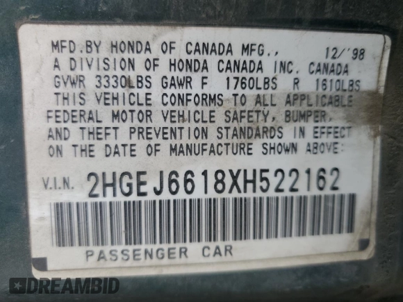 1999 Honda Civic VP z VIN 2HGEJ6618XH522162, wystawiony jako Copart lot #54427665 z przebiegiem 320 807 mil mil oraz Szkoda całkowita • Salvage title. Historia ofert i sprzedaży dostępna na DreamBid. Obrazek 12.