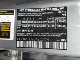 2013 Mercedes-Benz M 350 with VIN 4JGDA5HB2DA265774, listed as a Copart auction lot 62687405 with 85,734 mi miles and Salvage title. Bid and sale history available at DreamBid. Image 13.