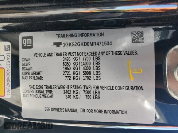 2021 GMC Yukon XL SLT with VIN 1GKS2GKD0MR471504, listed as a Copart auction lot 81838794 with 55,917 mi miles and Salvage Title. Bid and sale history available at carsss.com. Image 15.