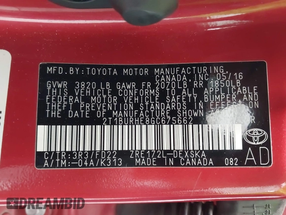 2016 Toyota Corolla L with VIN 2T1BURHE8GC675662, listed as a IAAI auction lot 42547527 with 69,851 mi miles and . Bid and sale history available at DreamBid. Image 9.