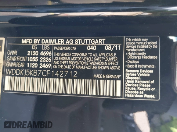 2012 Mercedes-Benz E 350 with VIN WDDKJ5KB7CF142712, listed as a IAAI auction lot 42523704 with 133,309 mi miles and . Bid and sale history available at DreamBid. Image 9.